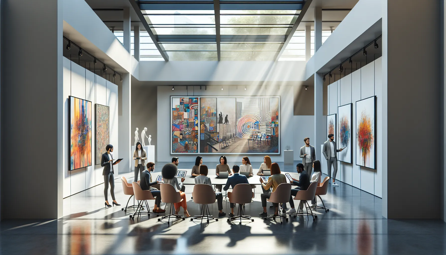 diverse artists collaborating in a contemporary art gallery setting.