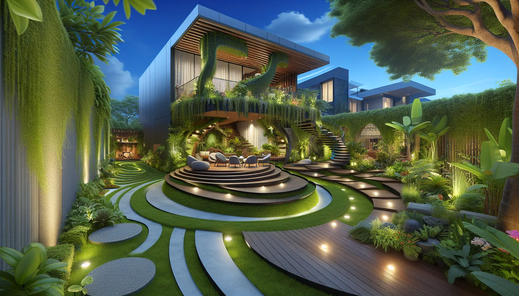 modern landscape design with a spiraled pathway and unique seating.