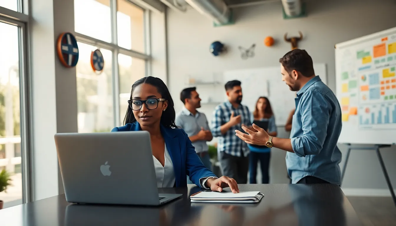 a diverse team discussing ideas in a modern office environment.