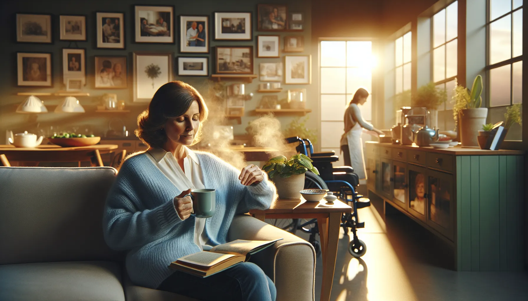 A woman with MS in a cozy living room, holding a cup of tea.