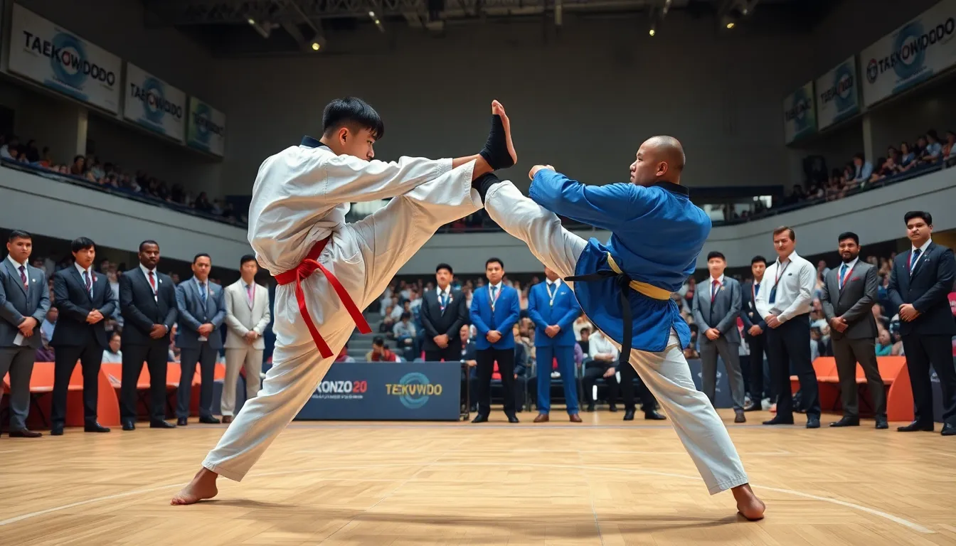 taekwondo bout featuring two athletes in dynamic action.