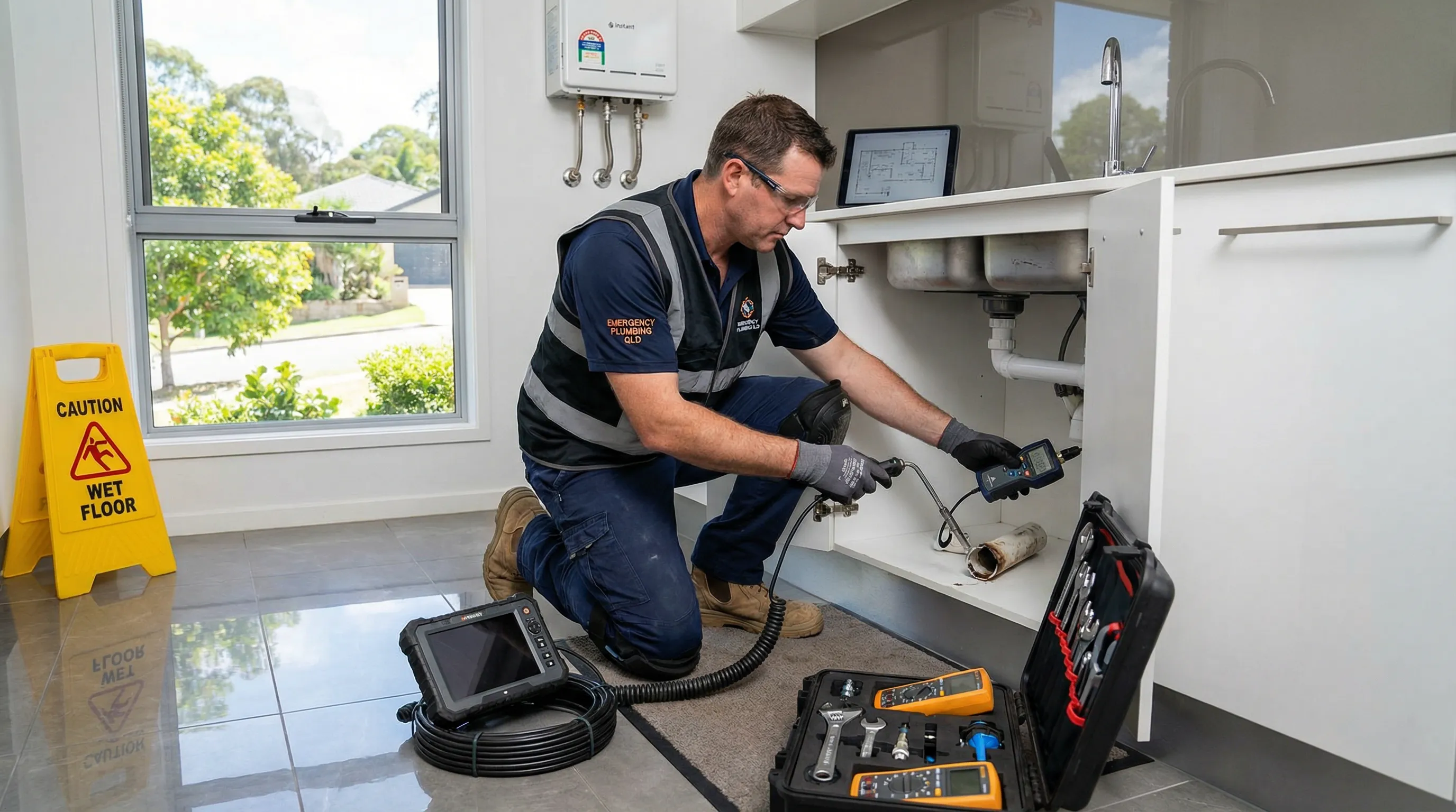 Australian emergency plumber fixing burst pipe in modern home.