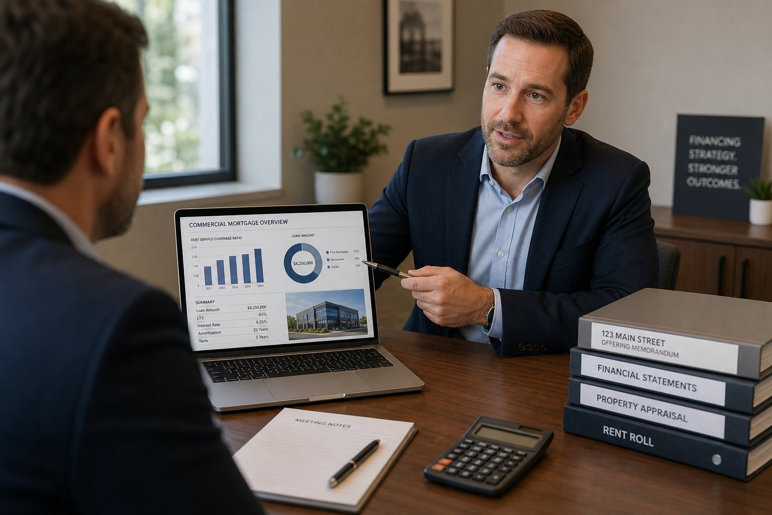 Over-shoulder view of adviser explaining commercial mortgage figures on laptop in office.