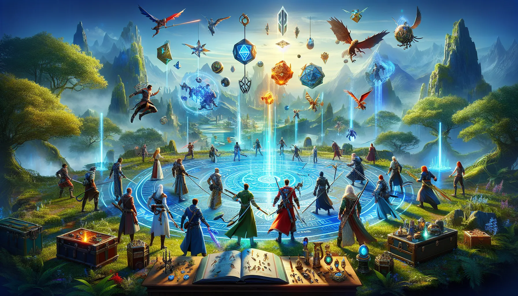 diverse gamers strategizing with colorful Playonit55 game items.