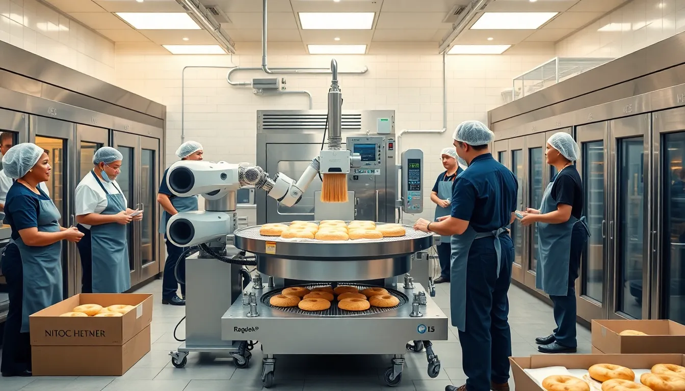 modern bakery with robotic bagel production and diverse team members.