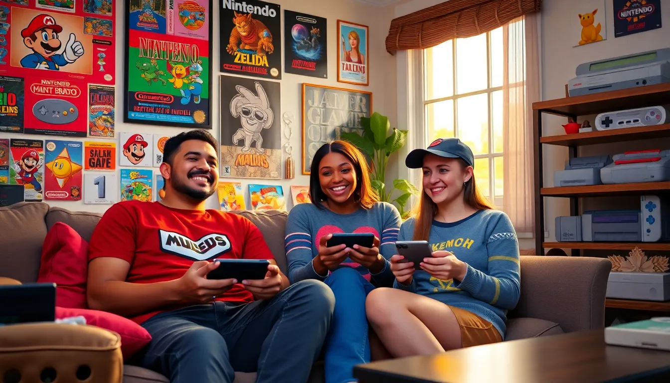 friends playing Nintendo Switch in a cozy room surrounded by gaming memorabilia.