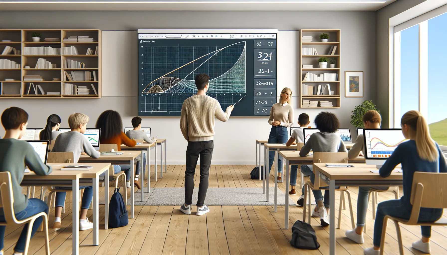 Norwegian math class using an interactive whiteboard and tablets for active learning.