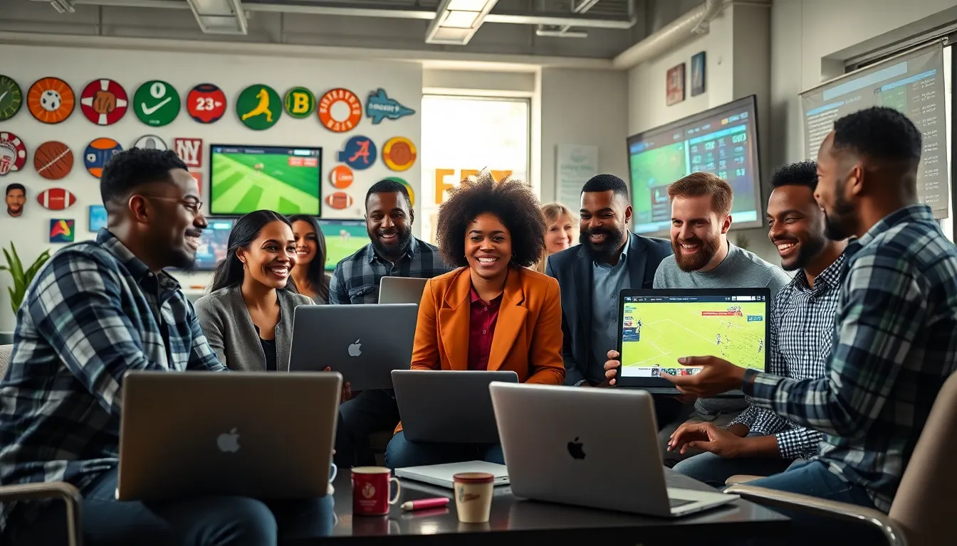 diverse group discussing sports news in a modern office.