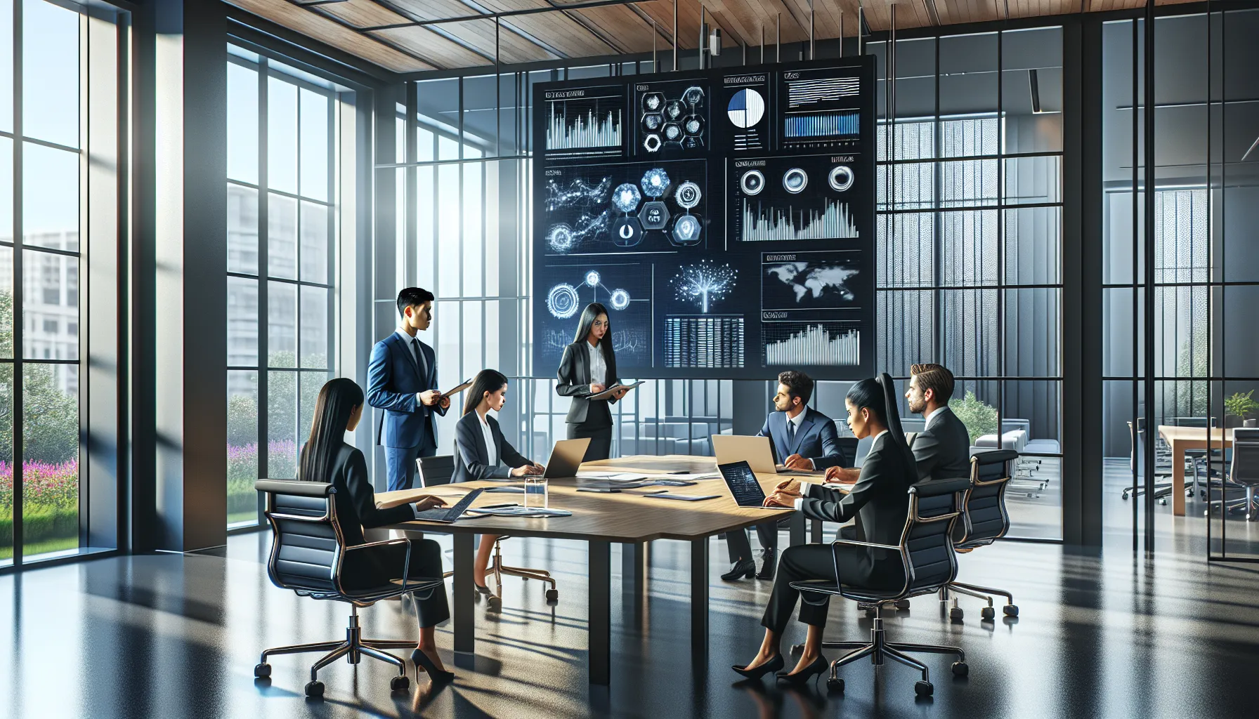 diverse team in a modern office discussing Goh9abd technology benefits.