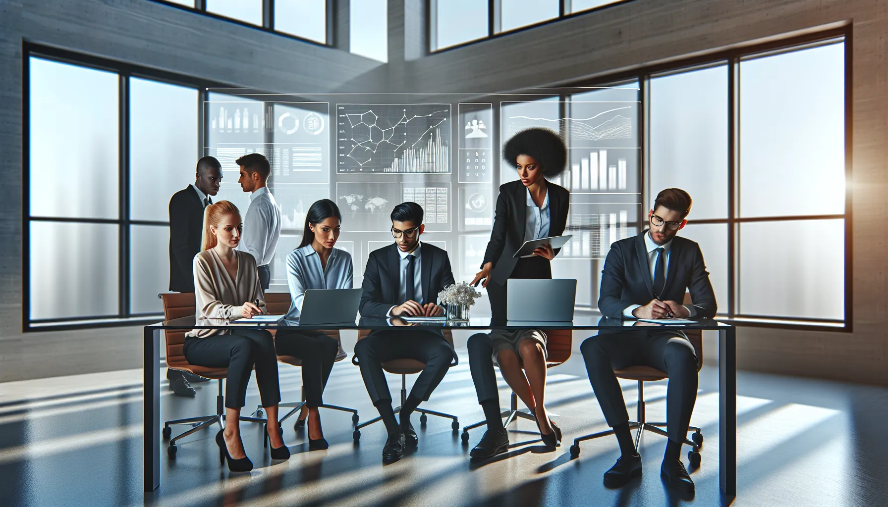 diverse team collaborating on logistics and finance in a modern office.