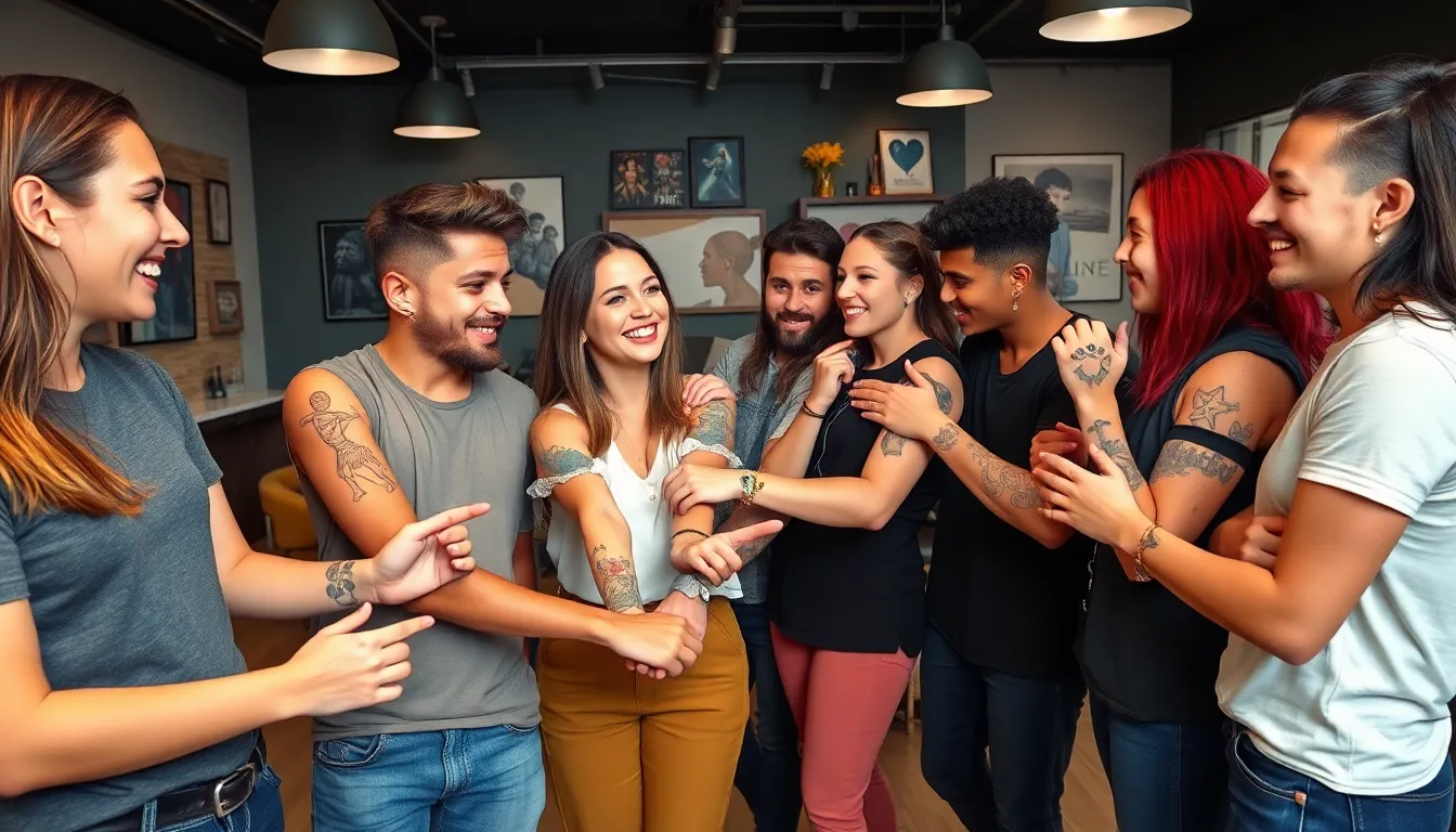 diverse group showcasing pop culture tattoos in a modern tattoo studio.