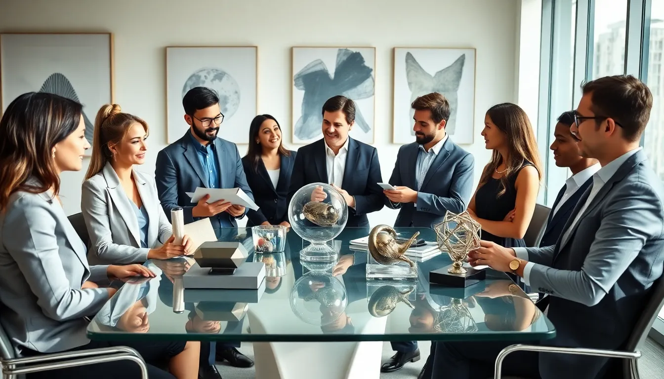 diverse professionals exploring unusual objects in a modern office.