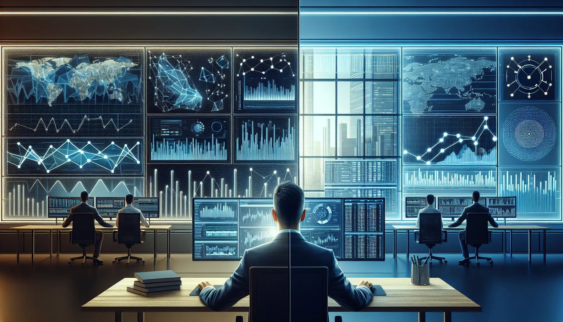 Split-screen view of automated trading bot dashboard and professional trader at workstation with monitors.