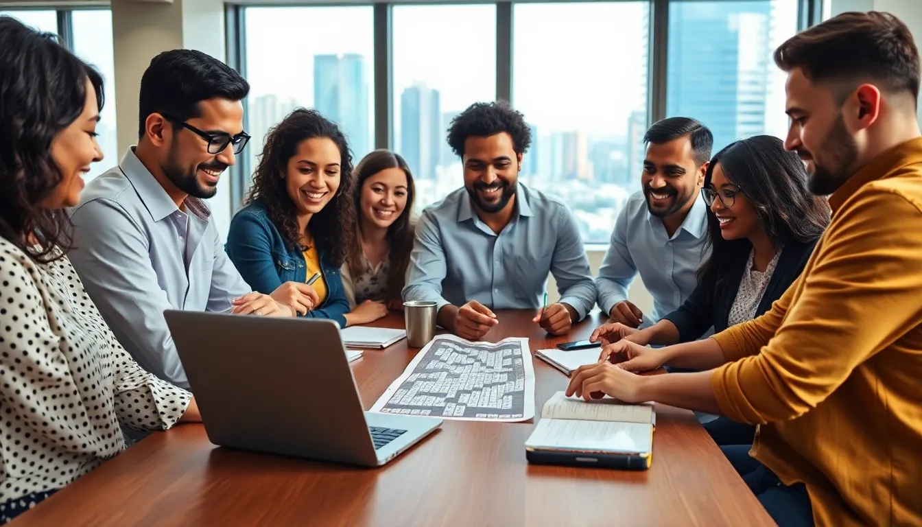 diverse team solving a crossword puzzle in a modern workspace.