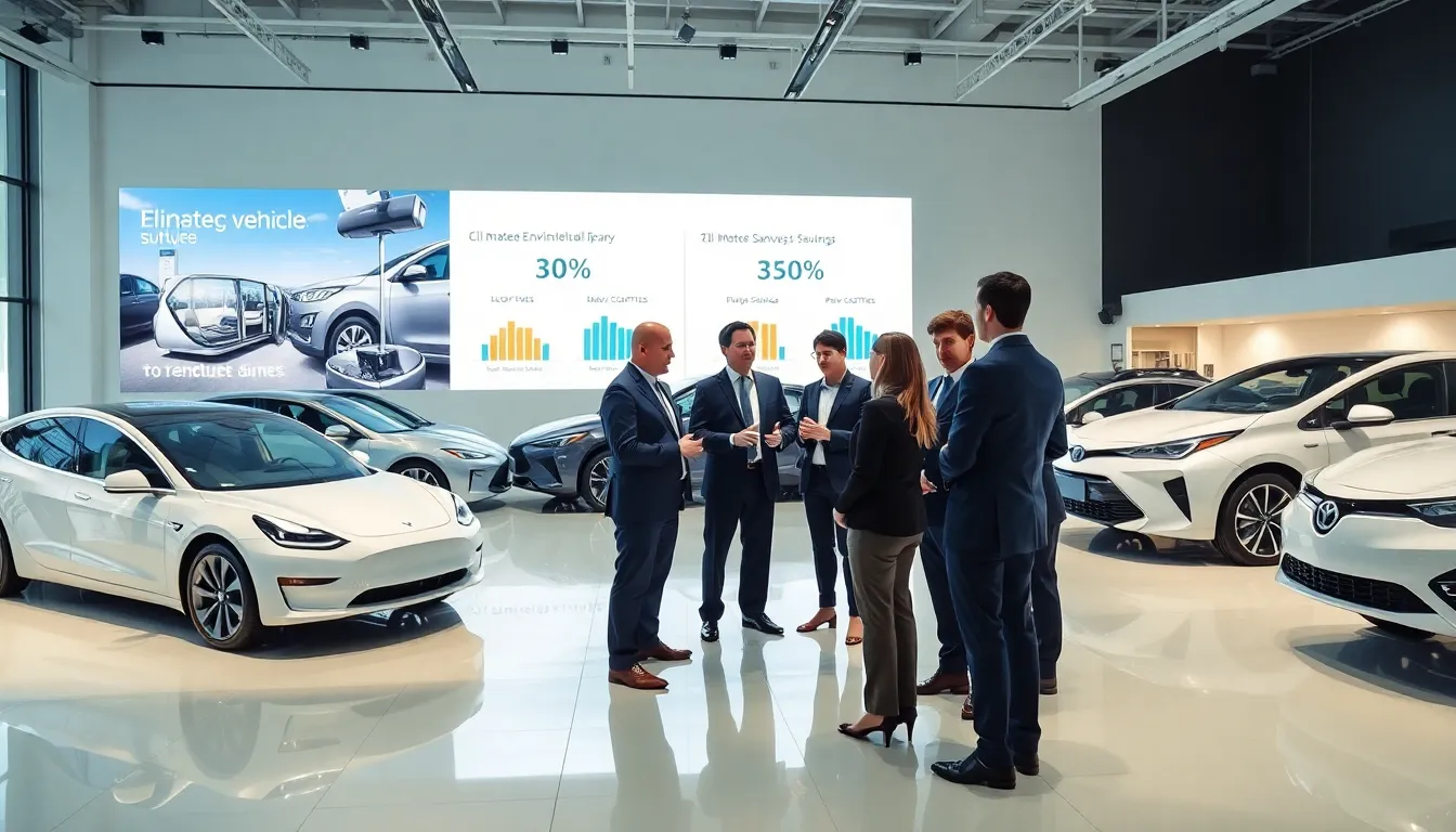 diverse professionals discussing electric vehicles in a modern showroom.