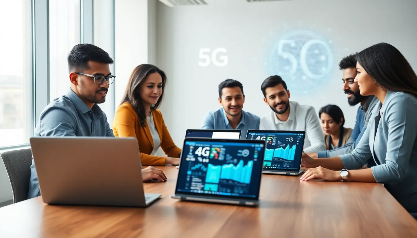diverse professionals collaborating with 5G laptops in a modern office.