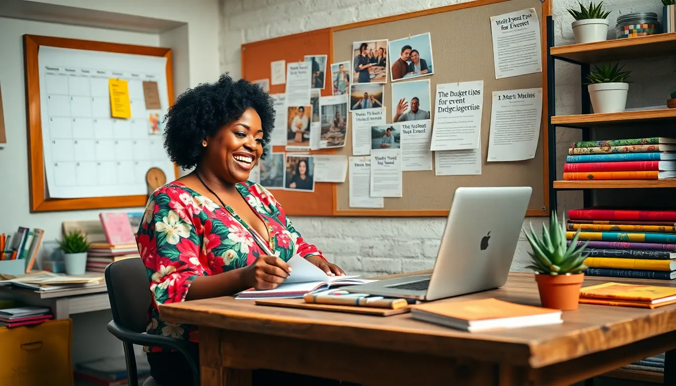 a woman planning a budget-friendly event at her colorful workspace.