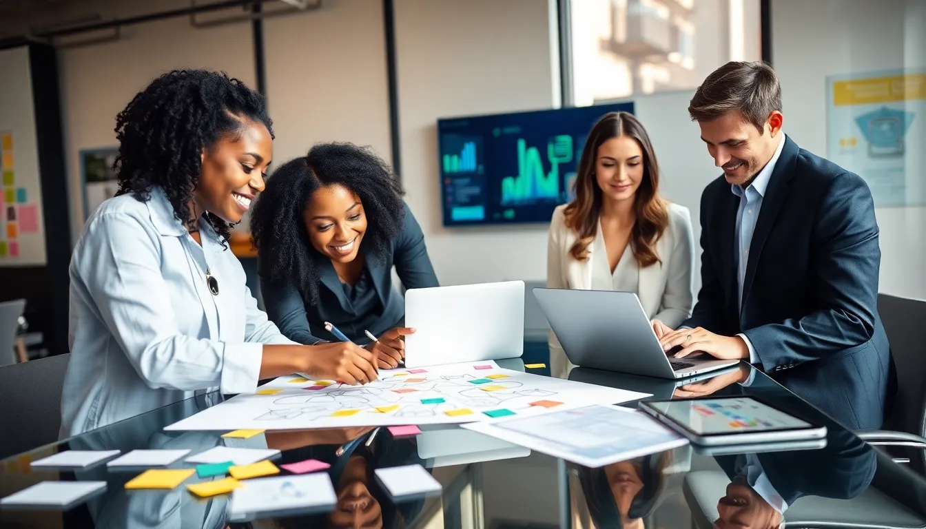 diverse team collaborating in a modern workspace.