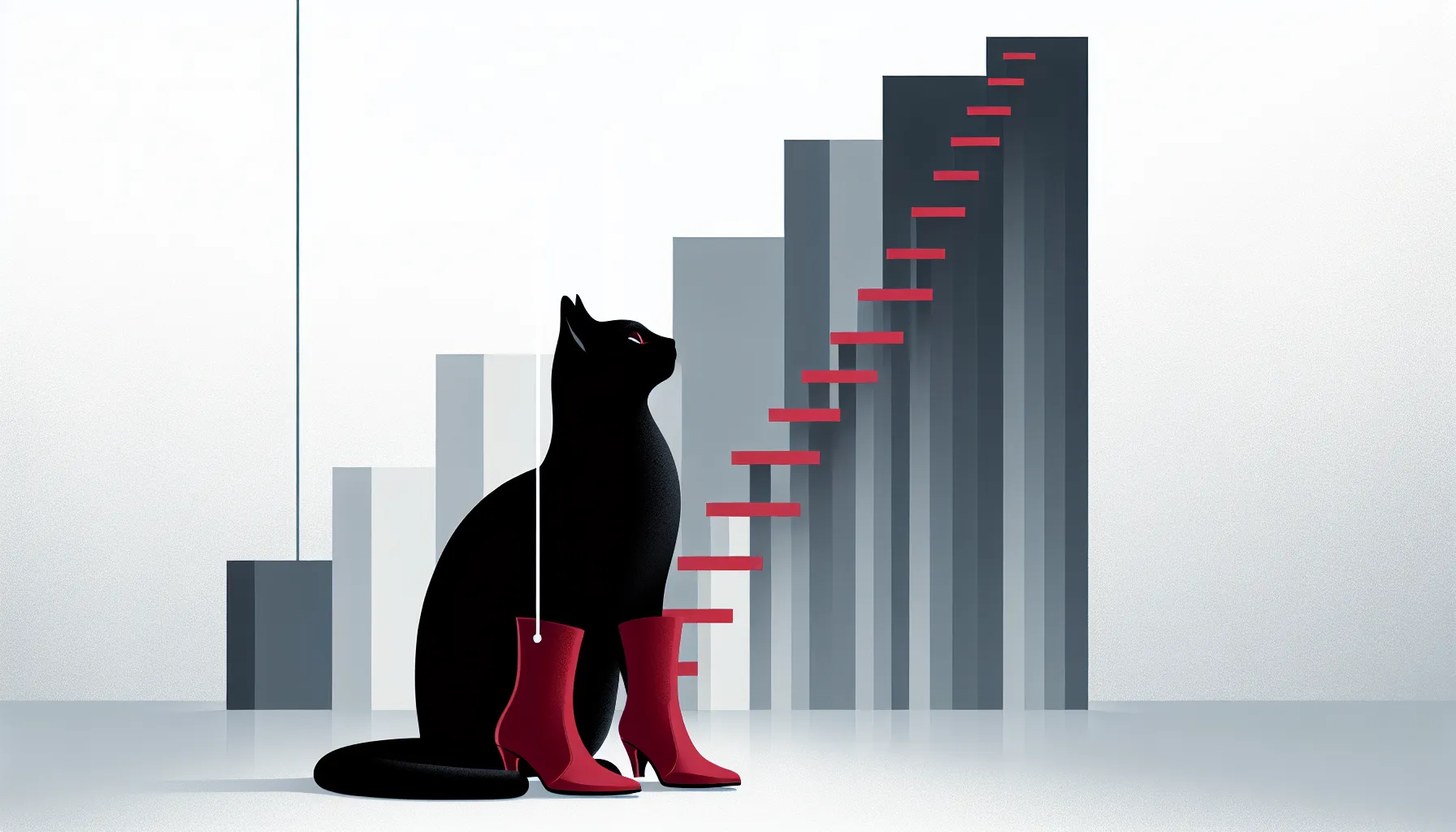 A black cat wearing red boots with abstract ascending elements in minimalist style