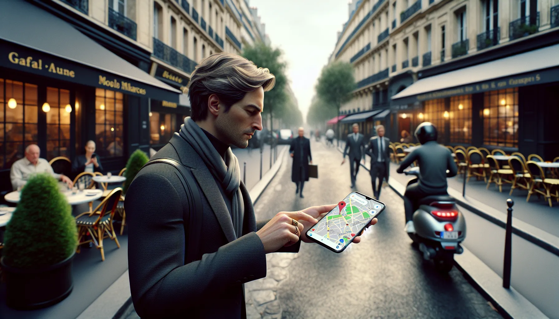 Parisian comparing local businesses on Google Maps on a smartphone in the street.