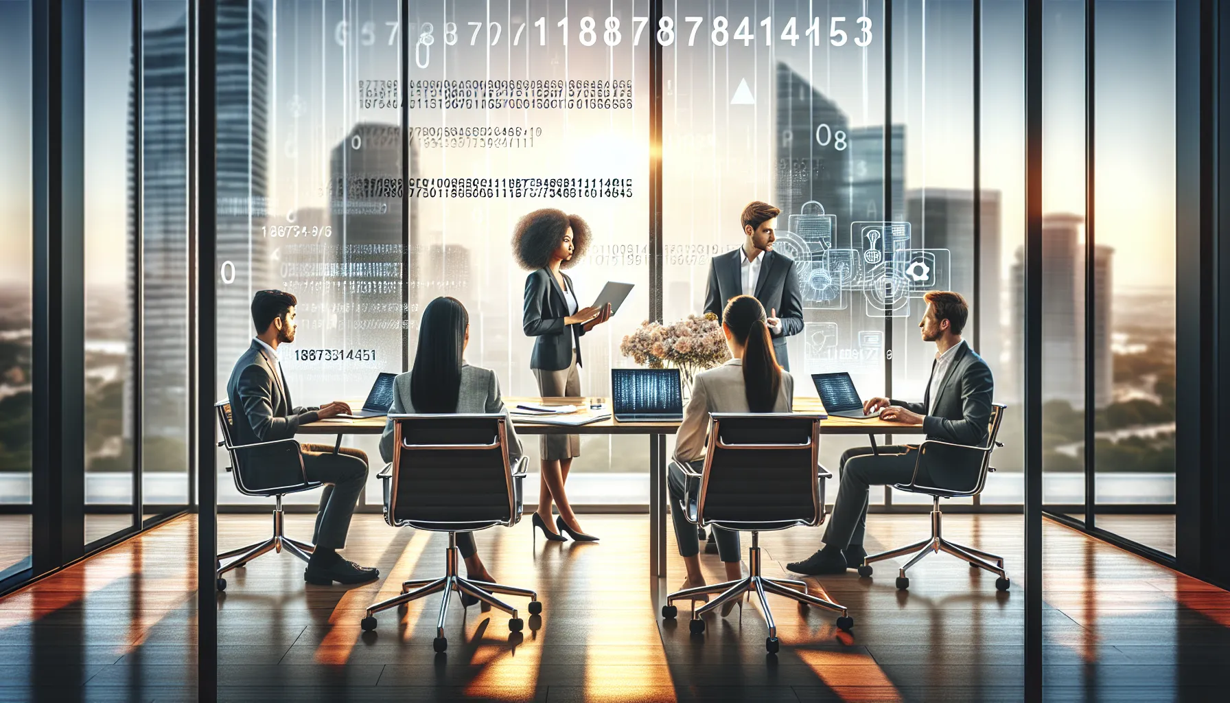 diverse professionals in a modern office discussing numbered identifiers.