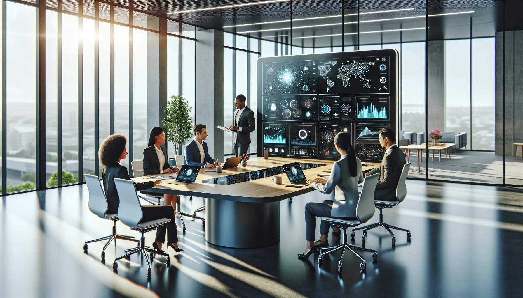 diverse team in a modern office discussing future trends in technology.