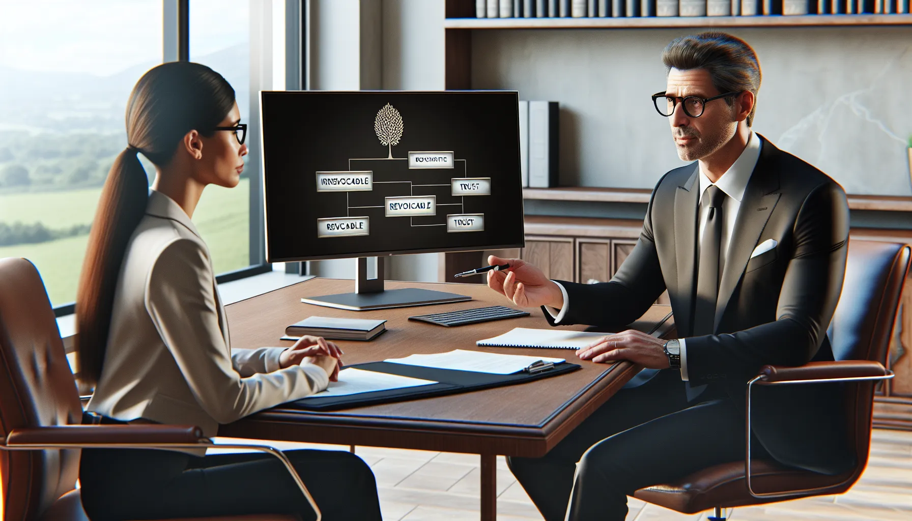 A consultant explaining trust options to a client in an office setting.