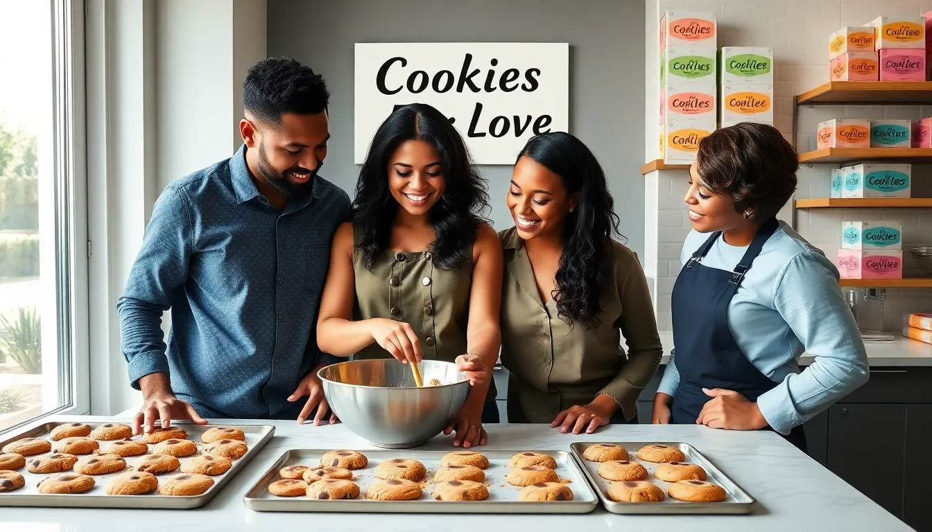 professionals collaborating in a modern kitchen baking cookies.