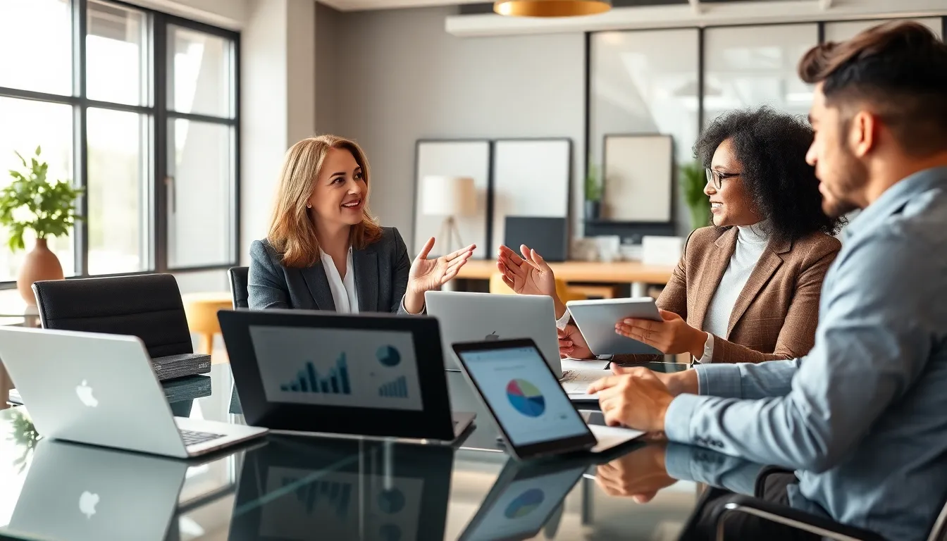 Stacy Klinger discussing ideas with diverse professionals in a modern office.
