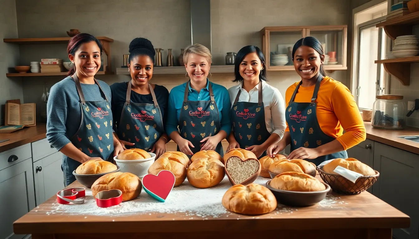 Professionals baking CookiesForLove Bread in a cozy kitchen setting.