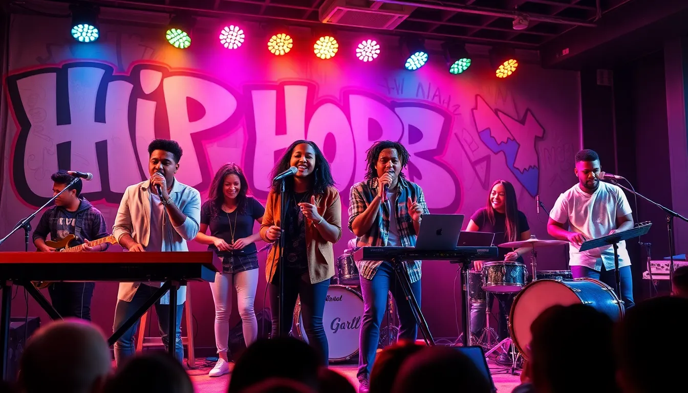 diverse musicians performing hip hop gospel music on stage.