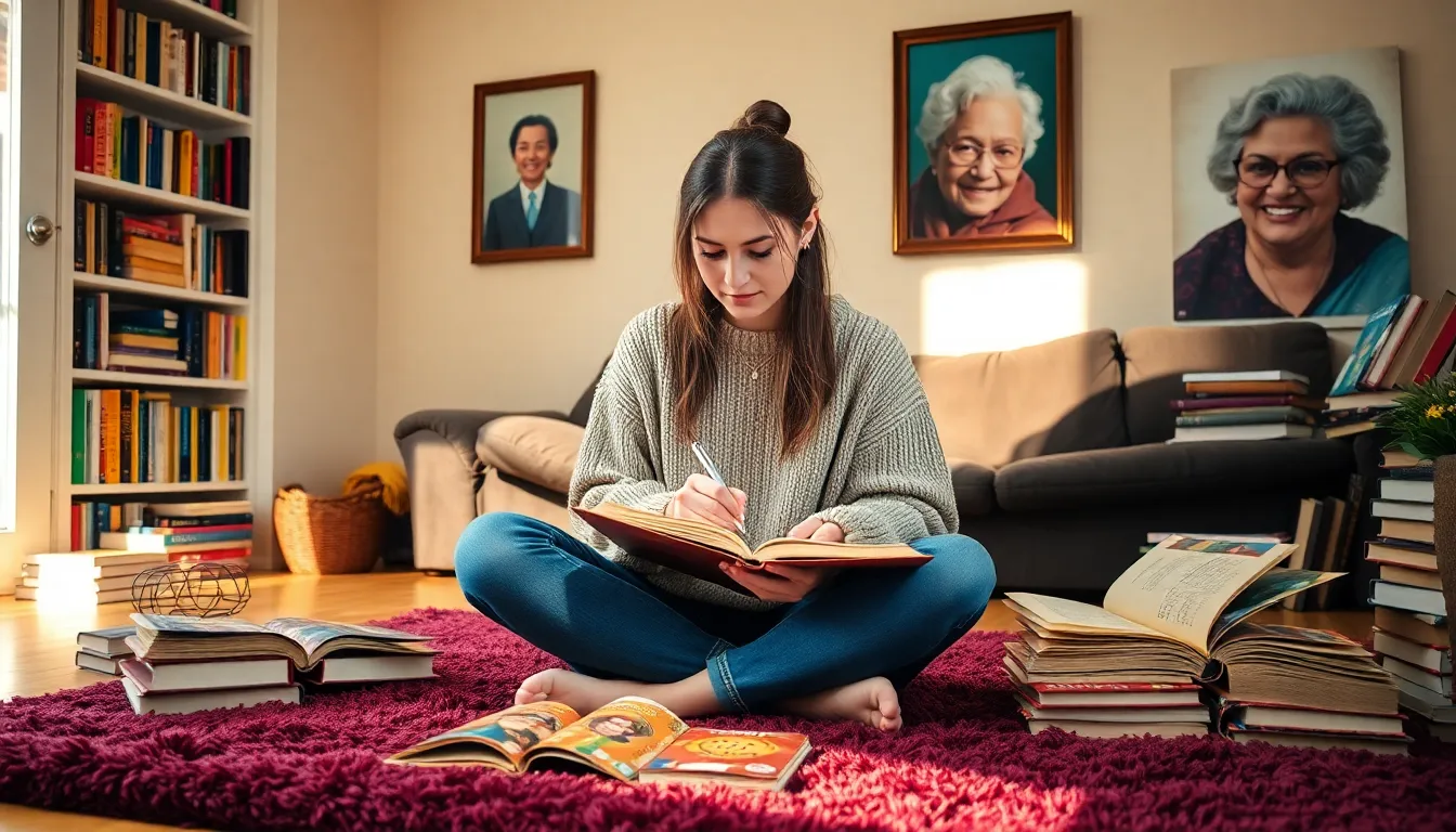 A young woman writing in a journal surrounded by books and family portraits.
