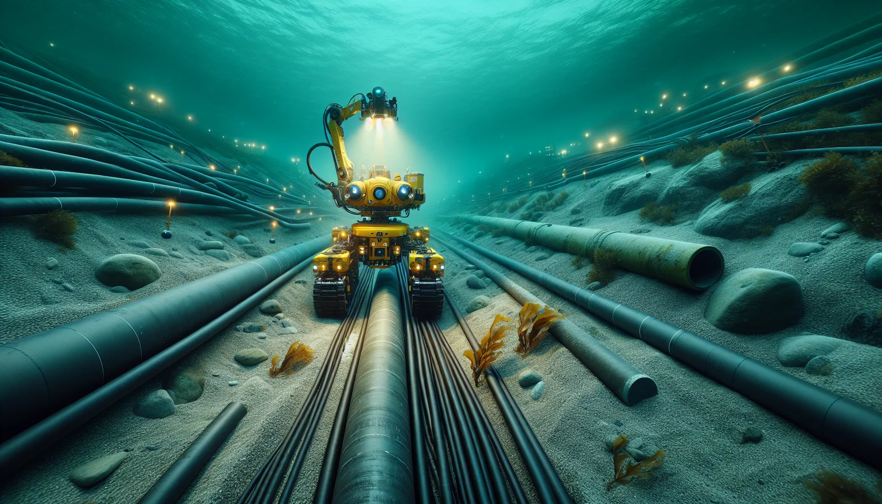 Rov inspecting subsea pipeline and cables with rock protection in a norwegian fjord.
