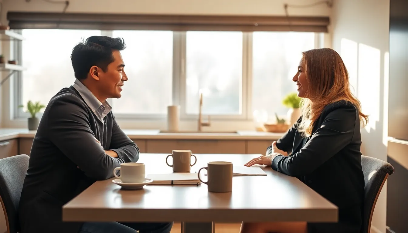 couple discussing relationship advice in a modern kitchen.