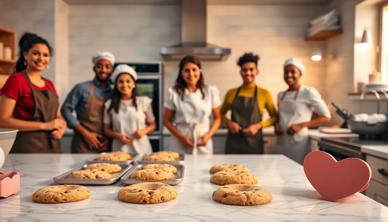 diverse team baking cookies in a warm kitchen setting.