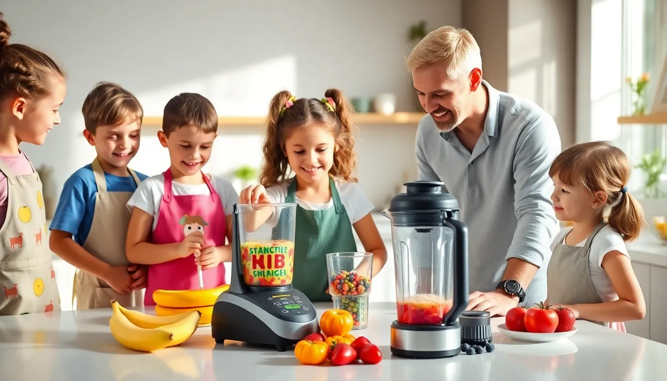 children preparing smoothies with nutrition powder in a modern kitchen.