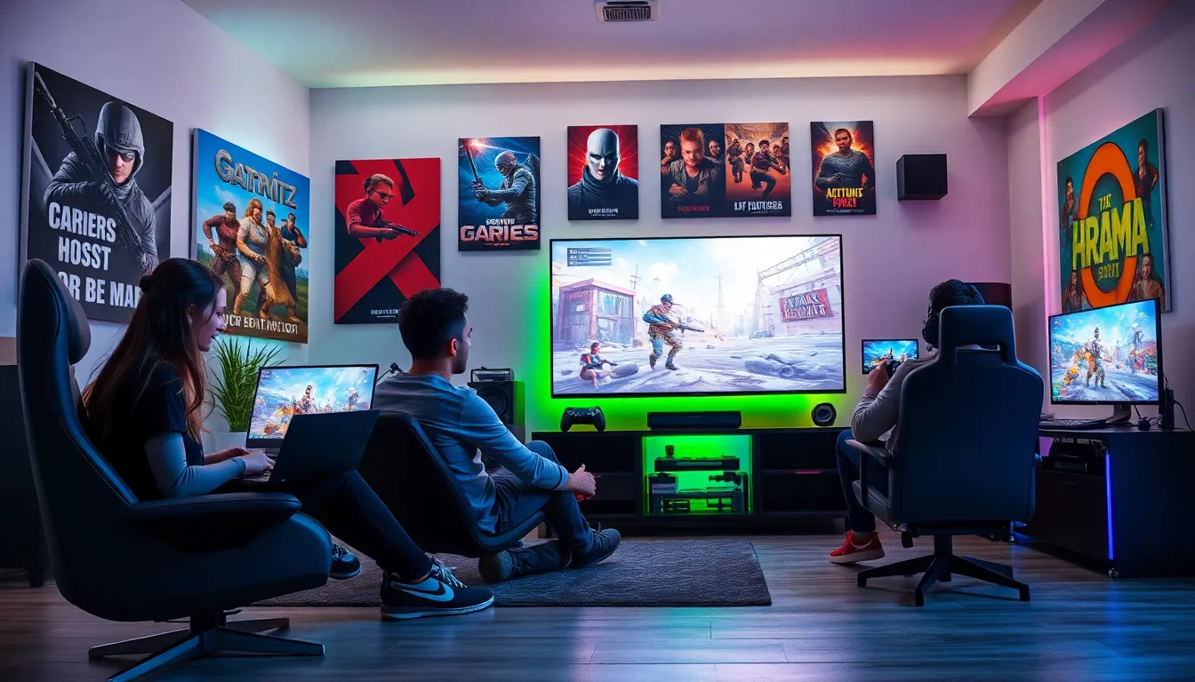 diverse gamers engaging in various gaming genres in a modern setting.