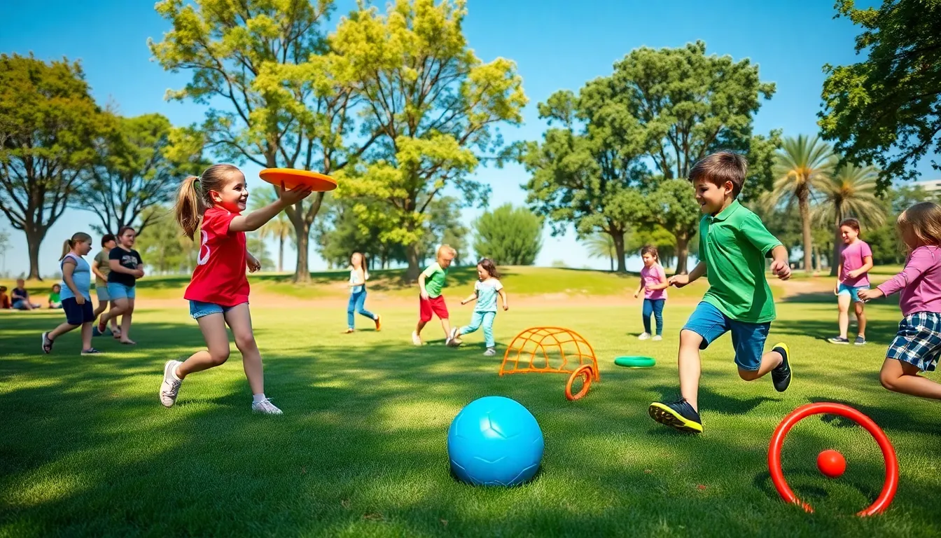 Children playing with sports toys in a sunny park.