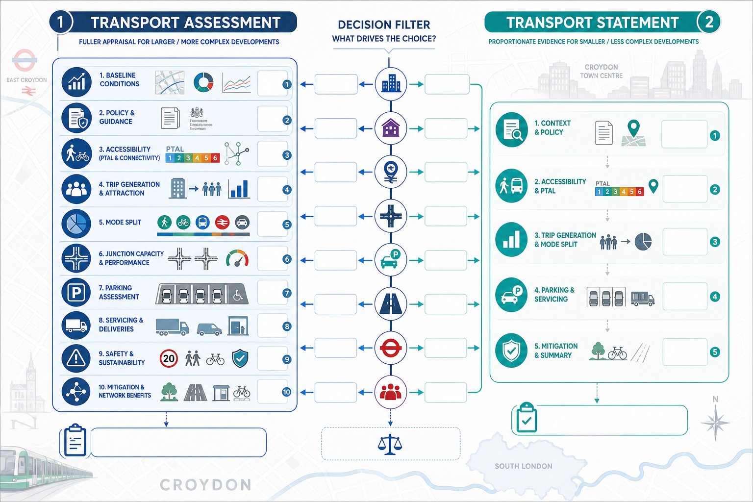 Comparison infographic of Transport Assessment and Transport Statement decision factors in Croydon.
