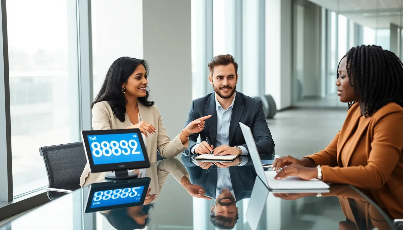 diverse team discussing a toll-free phone number in a modern office.