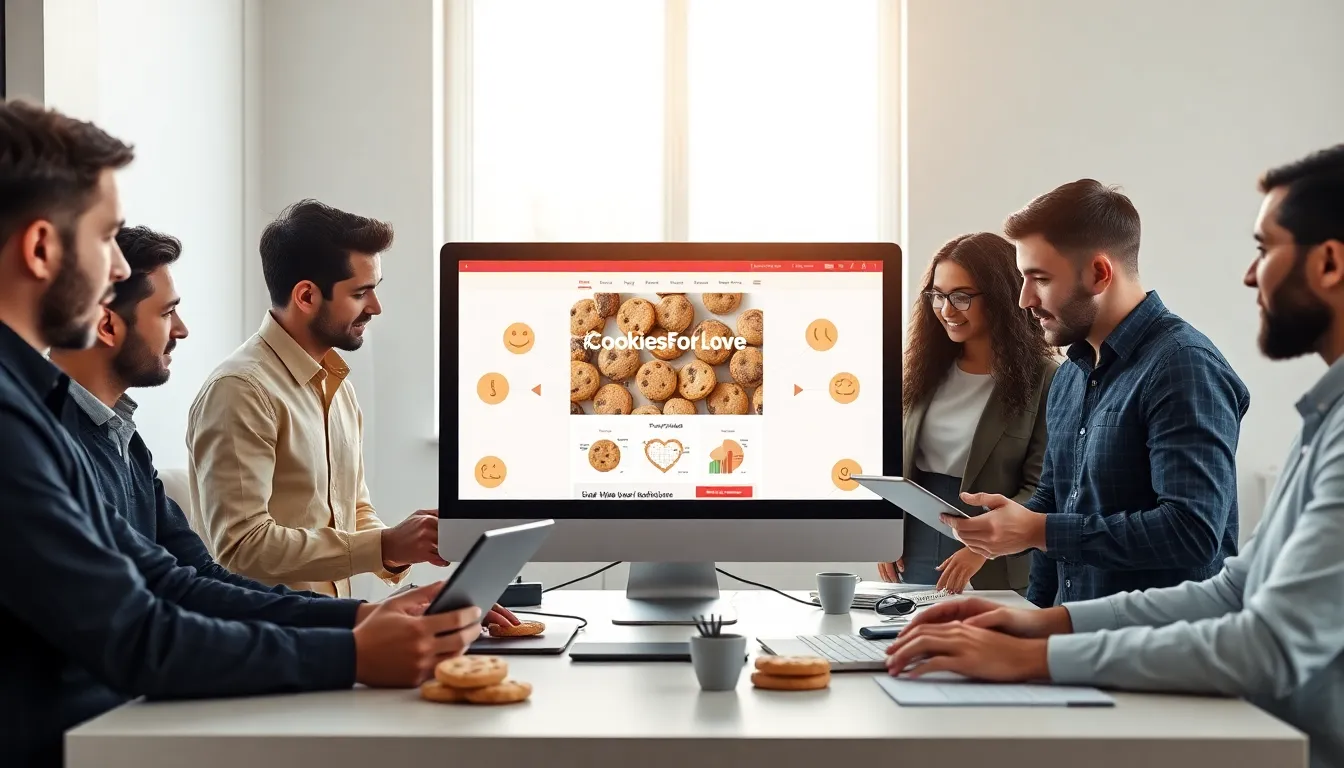 diverse team discussing website cookies in a modern office.