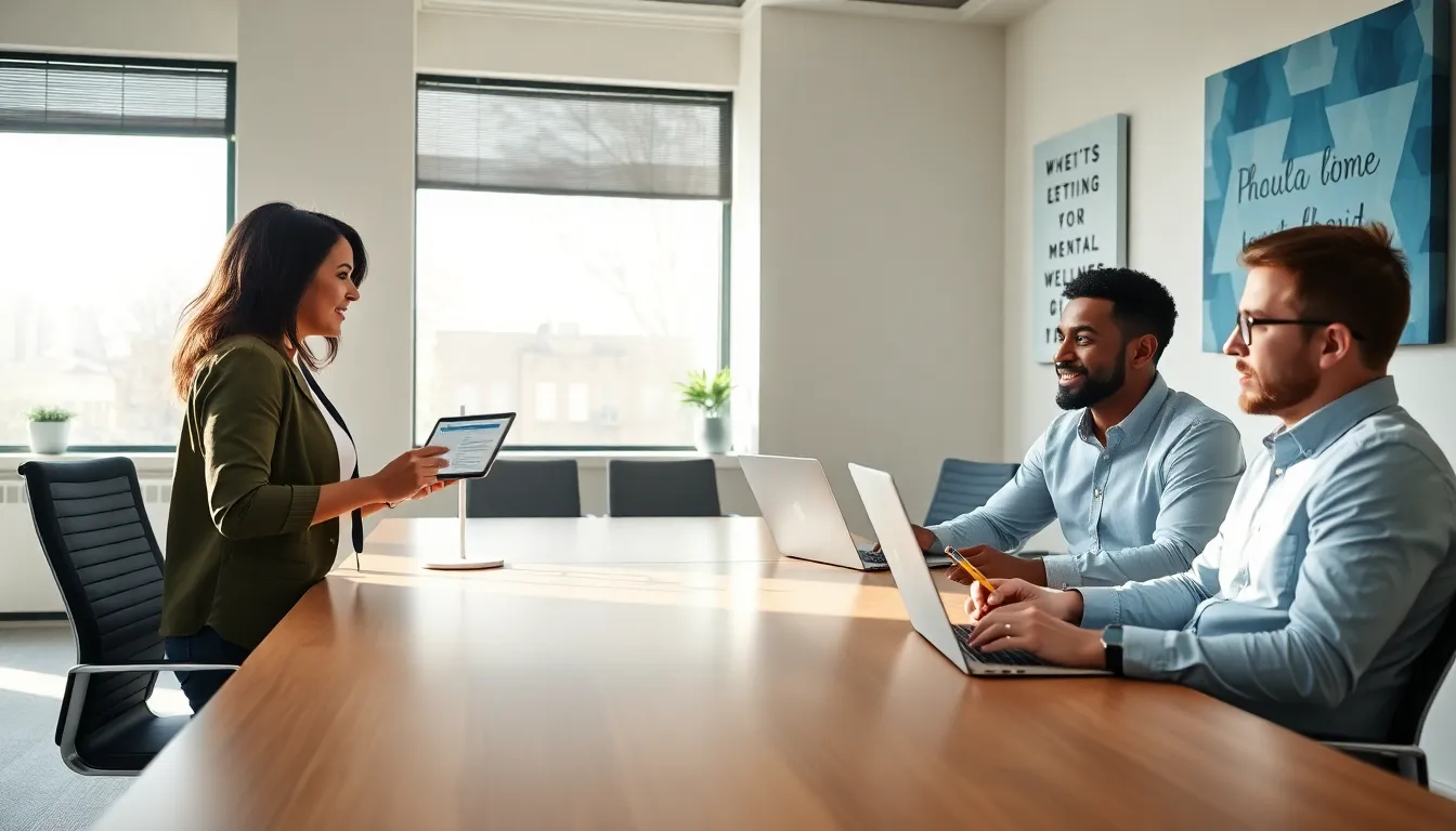 diverse mental health team collaborating in a modern office.