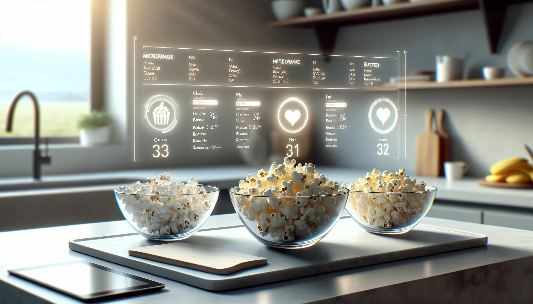 Three bowls of popcorn with nutrition facts in a modern kitchen.