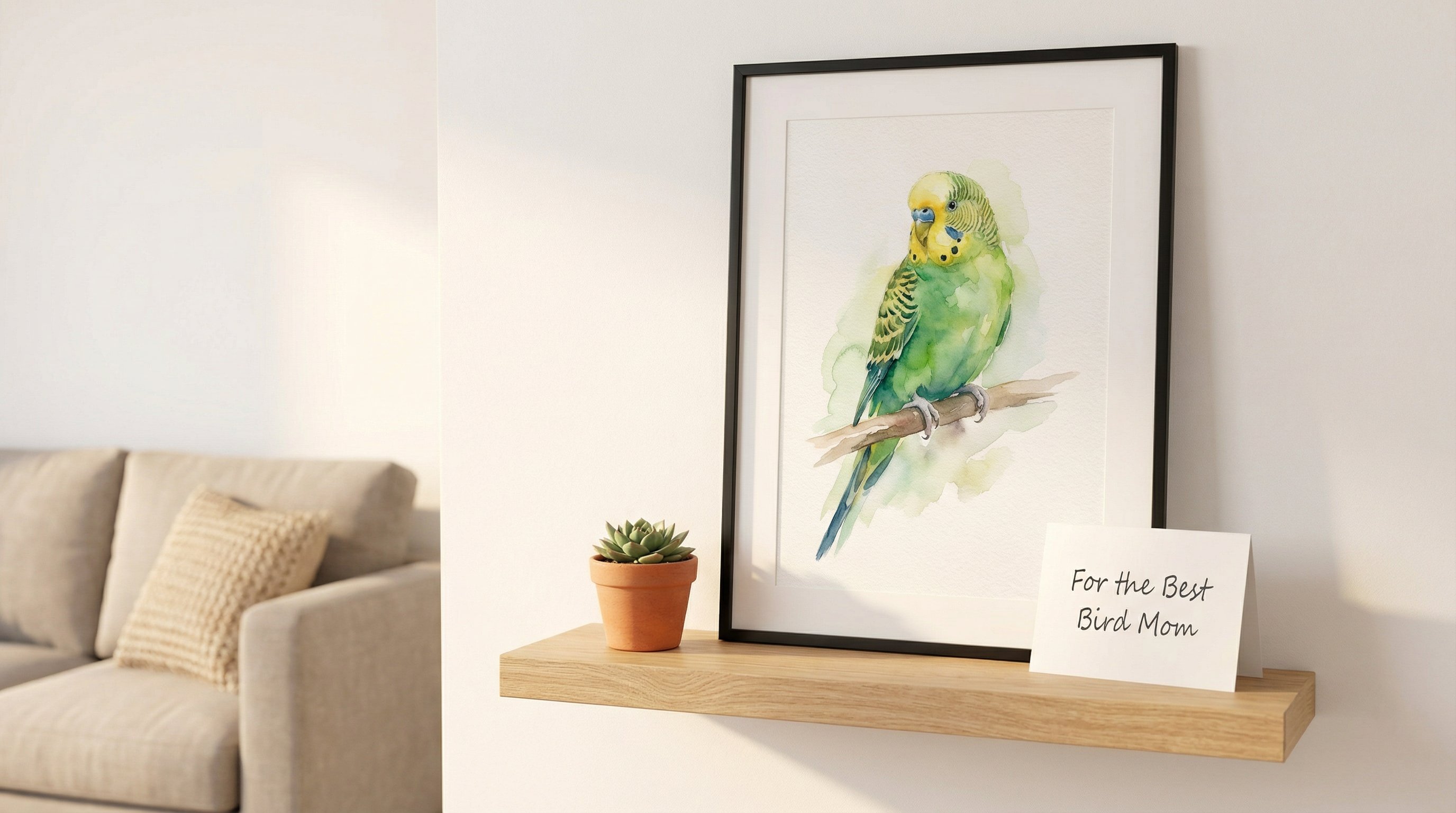 Framed AI watercolor portrait of a budgie on a living room wall.