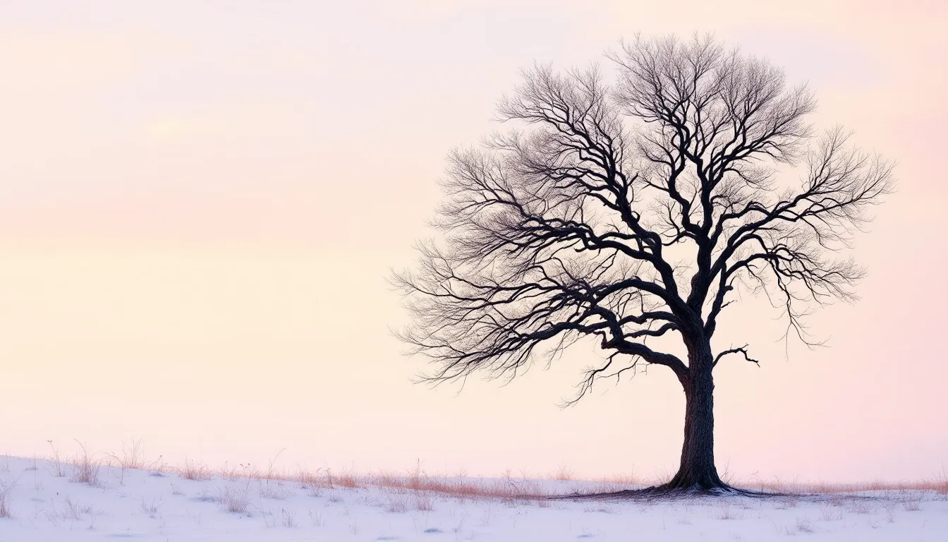 A bare winter tree standing peacefully in a frosty meadow at dawn.