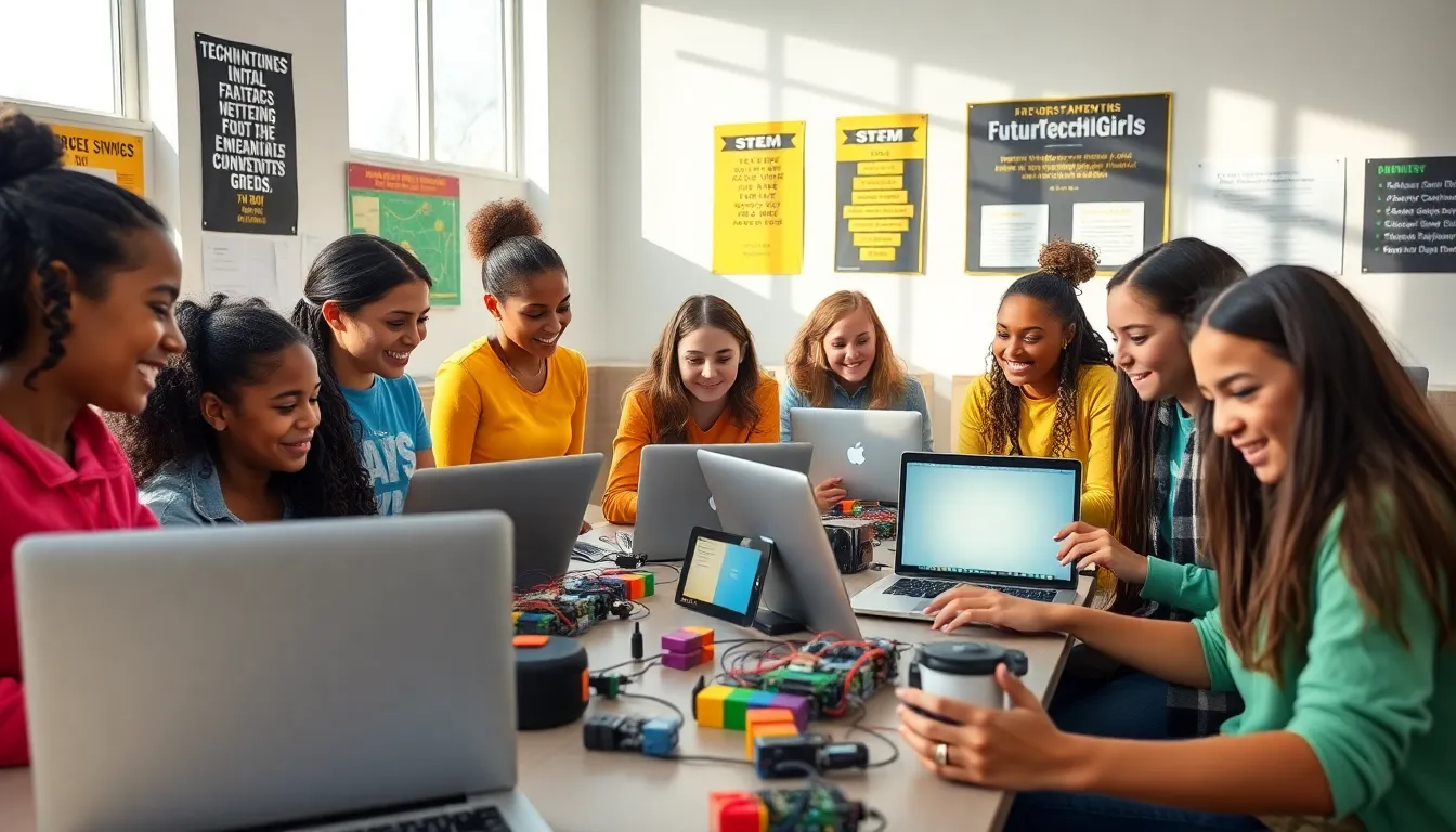Diverse girls engaging in robotics at a lively workshop.