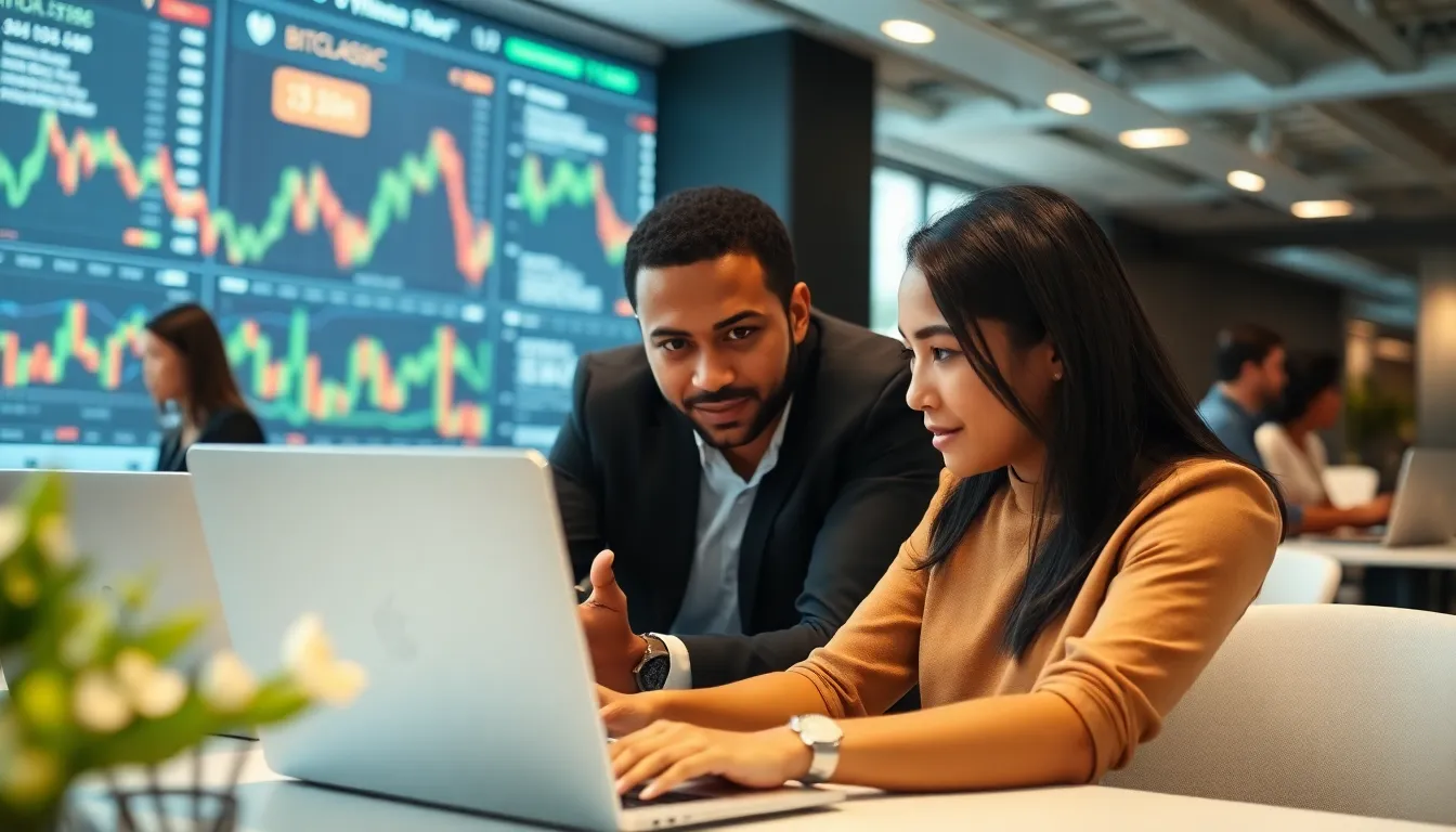 diverse team collaborating on cryptocurrency trading in a modern office.