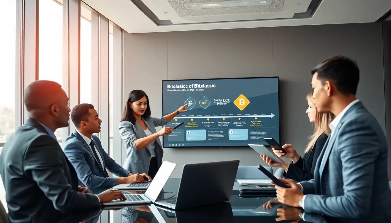 group discussing Bitclassic's history in a modern conference room.