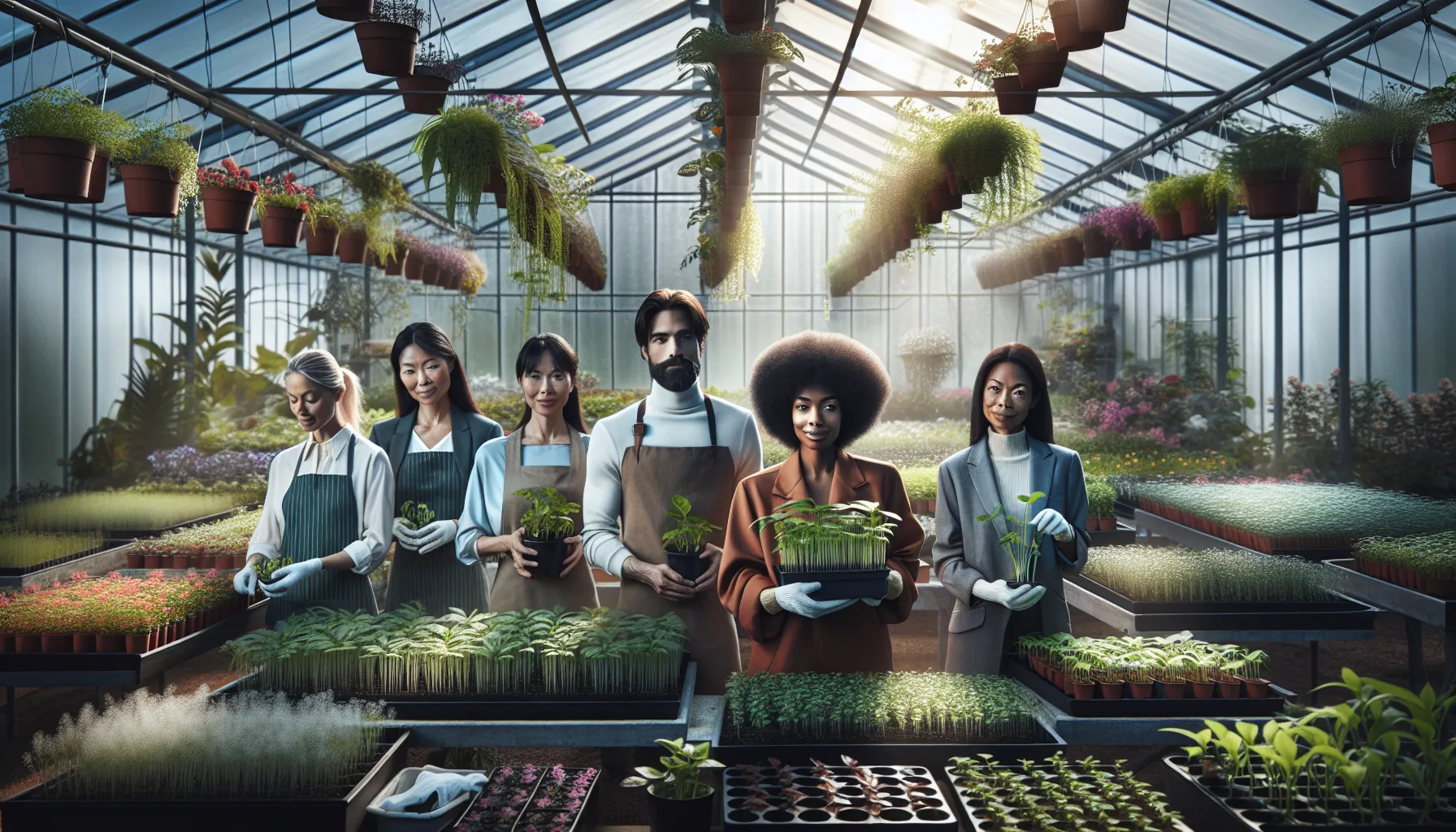 diverse group gardening in a vibrant greenhouse.