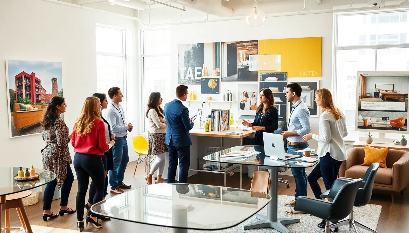 diverse interior designers collaborating in a modern Atlanta office.